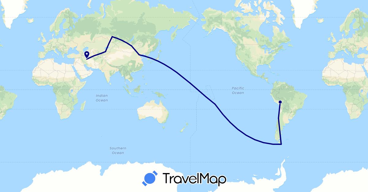 TravelMap itinerary: driving in Bolivia, Chile, China, Iran, Kyrgyzstan, Mongolia, French Polynesia, Russia, Uzbekistan (Asia, Europe, Oceania, South America)